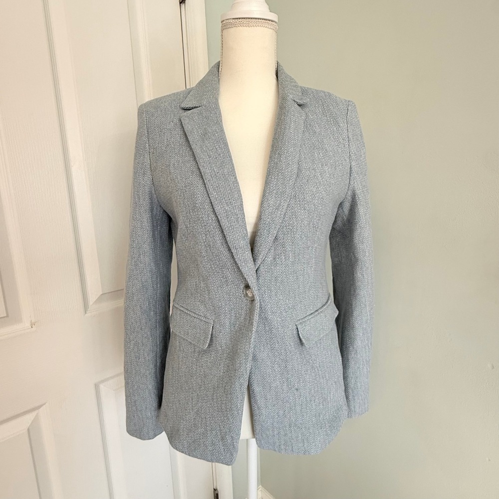 Loft Women's Light Blue Herringbone Blazer Single Button, Patch Elbows Size 4